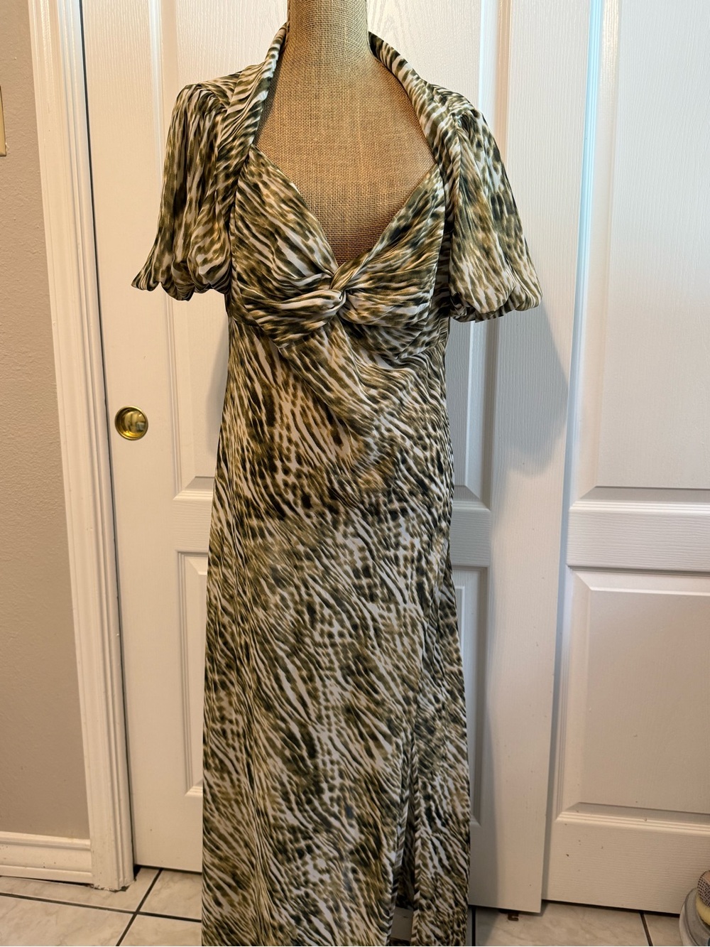 Olive Green Patterned Twist-Front Maxi Dress